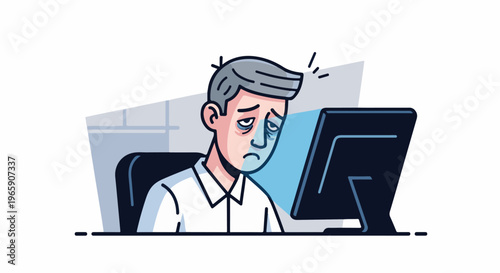 Exhausted man with dark circles under eyes staring at computer screen