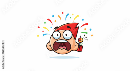 Exaggerated cartoon face erupting with surprise, confetti and a popping toy