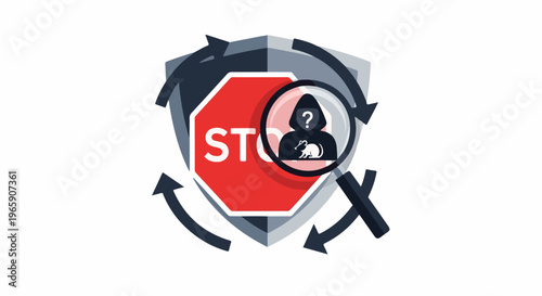 Shielded stop sign with magnifying glass revealing hooded figure