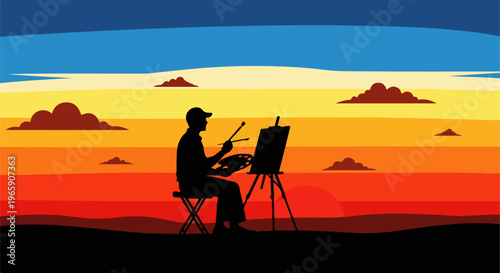 Silhouette of artist painting outdoors during a vibrant sunset