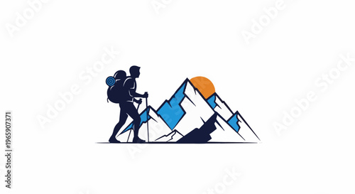 Silhouette hiker with backpack and poles traverses mountainous terrain at sunrise