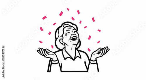 Elderly woman with arms outstretched in joy amidst falling confetti