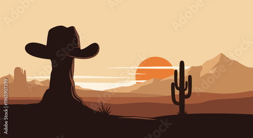 Silhouette of a cowboy hat and saguaro cactus in a desert landscape at sunset
