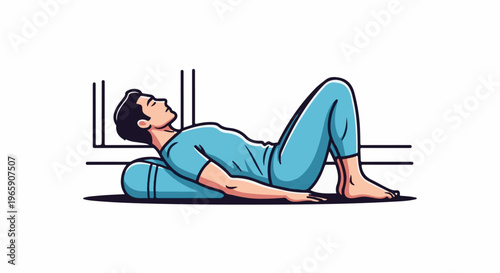 Person lying on floor with knees bent and head supported by bolster