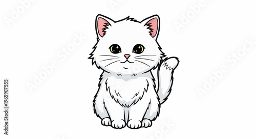 Fluffy white cartoon kitten with big yellow eyes sitting on a white background