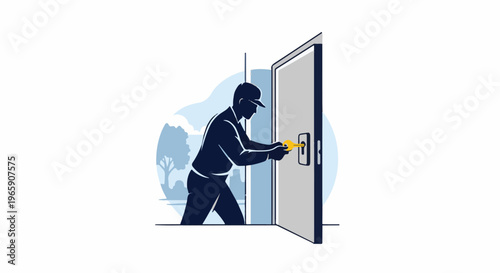 Silhouette of person in cap inserting key into unlocked door