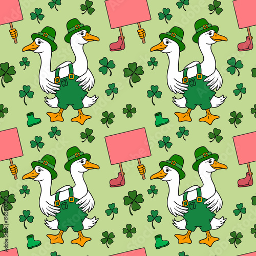 A festive goose illustration wearing green hat and overalls on St. Patrick's Day