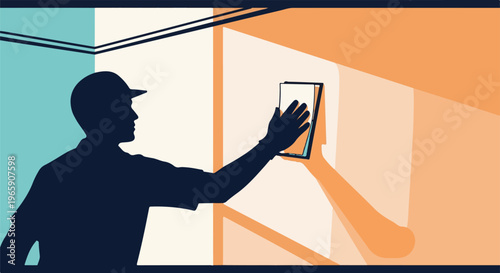 Silhouette of a worker in a cap applying a wall surface with a tool