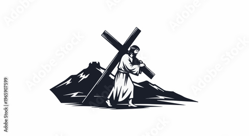 Silhouette of Jesus carrying cross through mountains