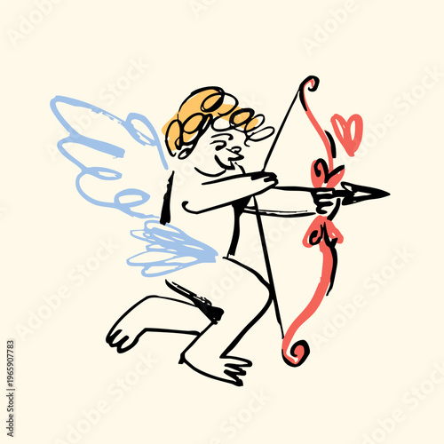 Cupid with bow, arrow, heart. Cute little winged character. Hand drawn Vector illustration. Isolated design element. Valentine's Day, romance, love concept. Quirky, crayon, childish style