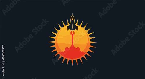 Rocket ascends from fiery sun in stylized graphic