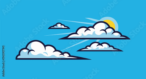 Cartoonish sky with fluffy clouds and a bright sun shining