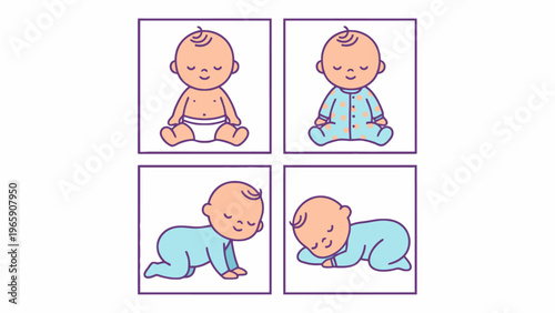 Baby Illustration Set Sitting Crawling and Sleeping Positions