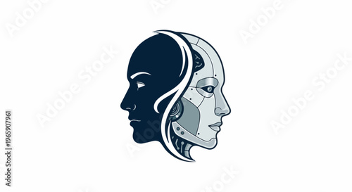 Split face profile, half human, half robot, contrasting dark and light