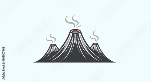 Cartoonish depiction of three smoking volcanoes on a light blue background