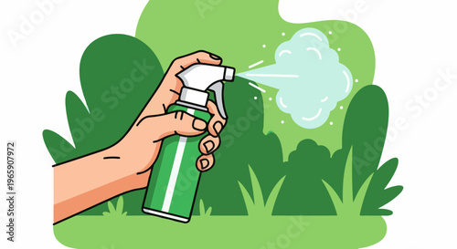Hand sprays mist from green bottle among lush green plants and grass