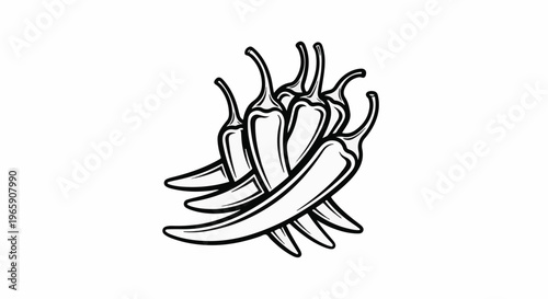 Stylized black and white drawing of multiple chili peppers clustered together