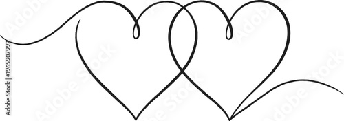 Two interlocking hearts continuous line art illustration, minimalist romantic symbol of love and togetherness, elegant wedding or Valentine day design element
