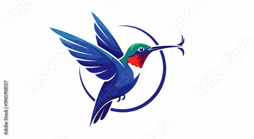 Stylized blue hummingbird with green head and red throat in flight