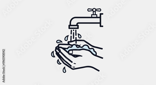 Stylized illustration of hands washing under a faucet with water droplets