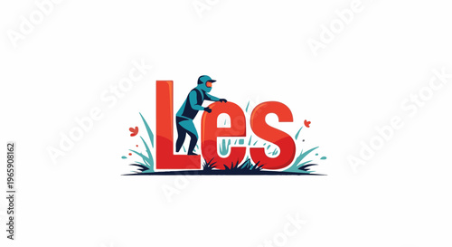 Man interacts with bold, red letters amid stylized grass and flowers