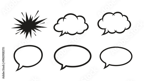 Set of black ink comic style speech bubbles and a thought bubble with a sharp explosion burst for dialogue.