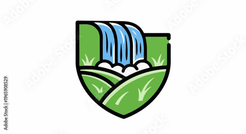 Stylized green shield shape with a waterfall cascading over green hills