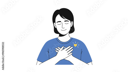 Simple illustration of a woman in a blue shirt with her hands on her chest and a glowing yellow heart representing kindness and self love.