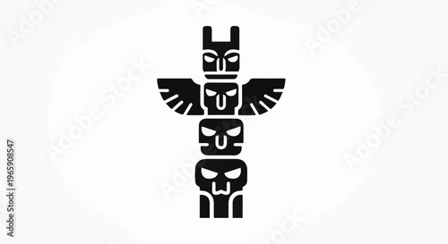 Stylized black totem pole with three distinct carved faces on white
