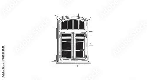 Ornate arched window with multiple panes, drawing in black and white outline