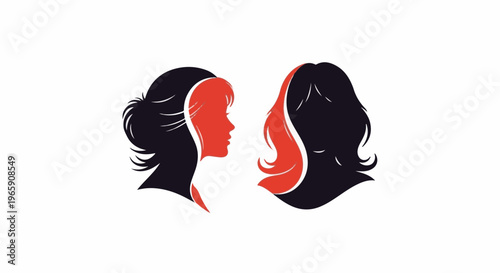 Abstract silhouettes of two women facing each other with red and black tones