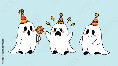 Three playful white ghosts celebrating a party with colorful striped hats and a lollipop in a cute cartoon style on a light blue background.