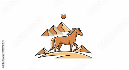 Stylized brown horse walks through desert landscape with mountains and sun