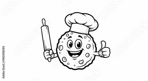 Cartoon cookie chef with rolling pin and thumbs up, black and white