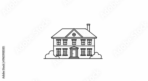 Stylized line art of a two-story house with a chimney and bushes