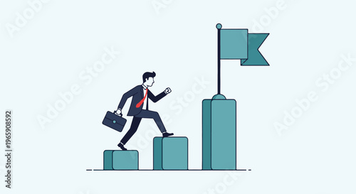 Businessman climbs steps towards a flag indicating success