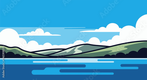 Stylized rolling green hills meet a calm blue lake under a bright sky