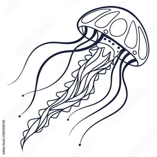 Artistic jellyfish vector graphic featuring intricate line work and stylized textures for underwater themed illustrations and creative design elements