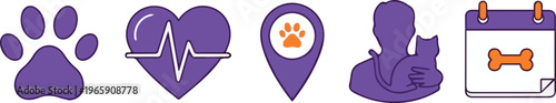 Purple Pet Care UI Icon Set with Paw Print Heartbeat Map Pin Adoption and Calendar