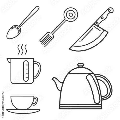 Kitchen utensils and hot beverages outline set, including spoon, fork, cleaver, steaming pot, kettle, and teacup