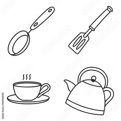 Kitchen tools and hot beverage outline icons, including frying spoon, spatula, steaming teacup, and classic kettle