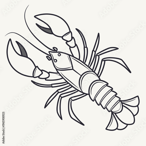 Detailed lobster line art vector illustration showing realistic crustacean features with large claws and segmented body for seafood menu design art