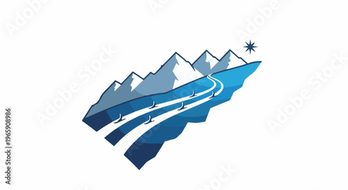 Stylized mountains with a winding river and skiers under a bright star