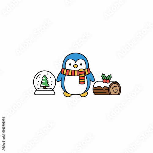 Penguin with scarf, snow globe and Christmas log cake illustration