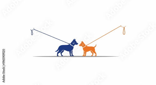 Two dogs, one blue, one orange, on leashes face each other