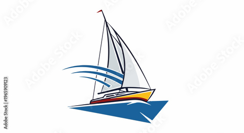 Stylized sailboat glides across blue waves with white sails