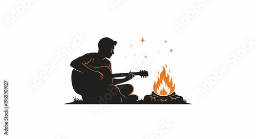 Silhouette of a person playing guitar by a campfire under stars