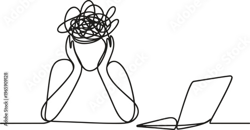 A continuous line drawing of an overwhelmed person with a tangled mind.