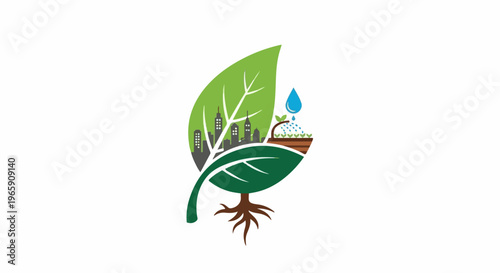 A stylized leaf contains a cityscape and a watering can showering plants