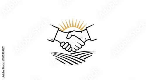Two hands clasping in a handshake over a stylized field under a bright sun